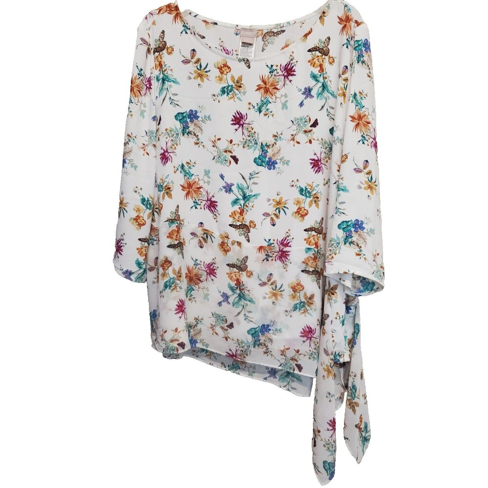 Chico's White Floral Butterfly Asymmetric Chiffon Hem Side-Tie Tunic Size 4 XXL